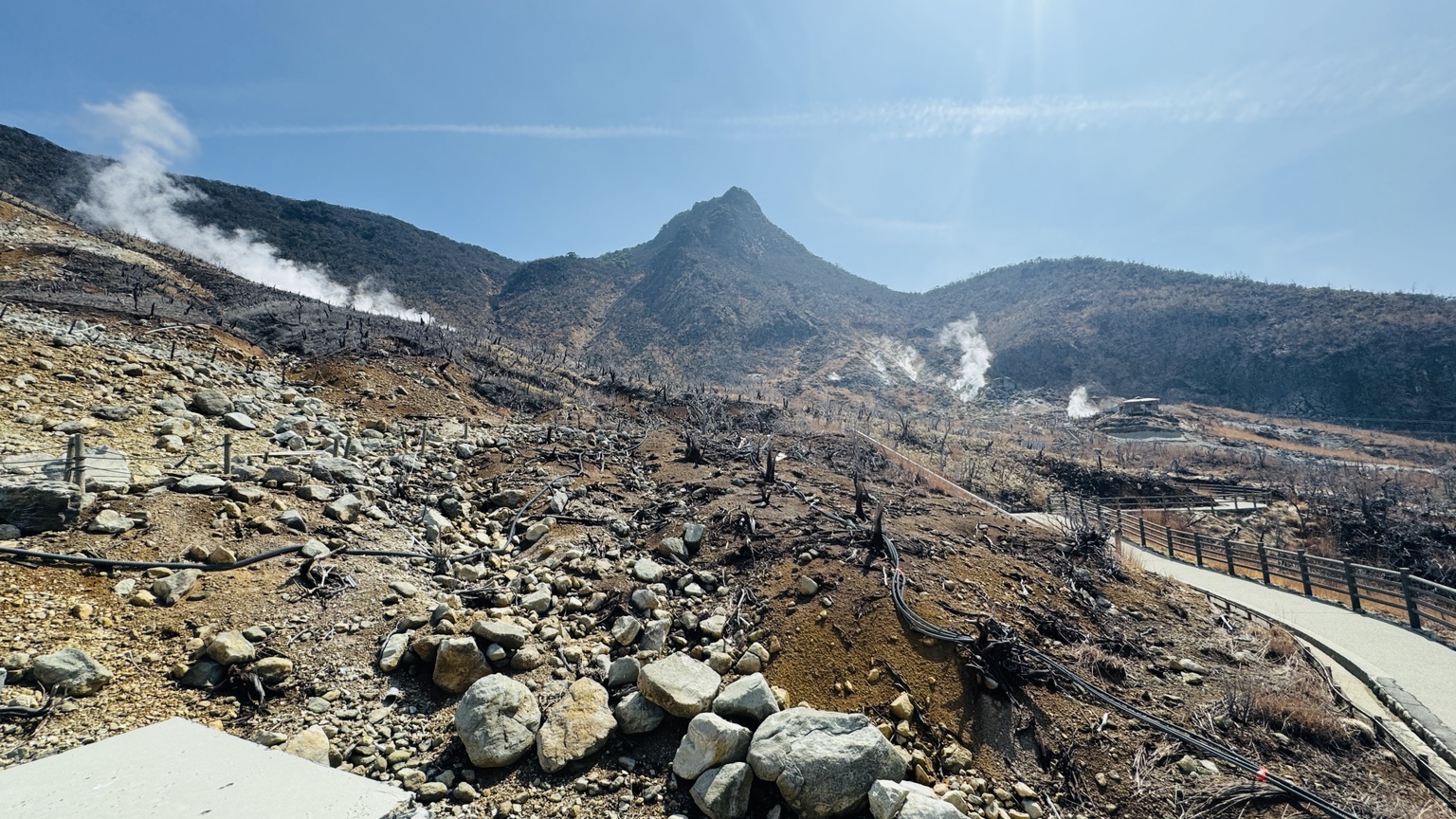 岩が広がり、複数の噴気が見える大涌谷の斜面